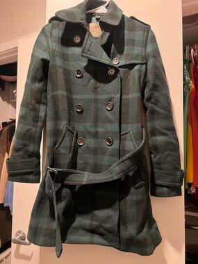Burberry Dark Green Plaid Double-Breasted Trench Coat